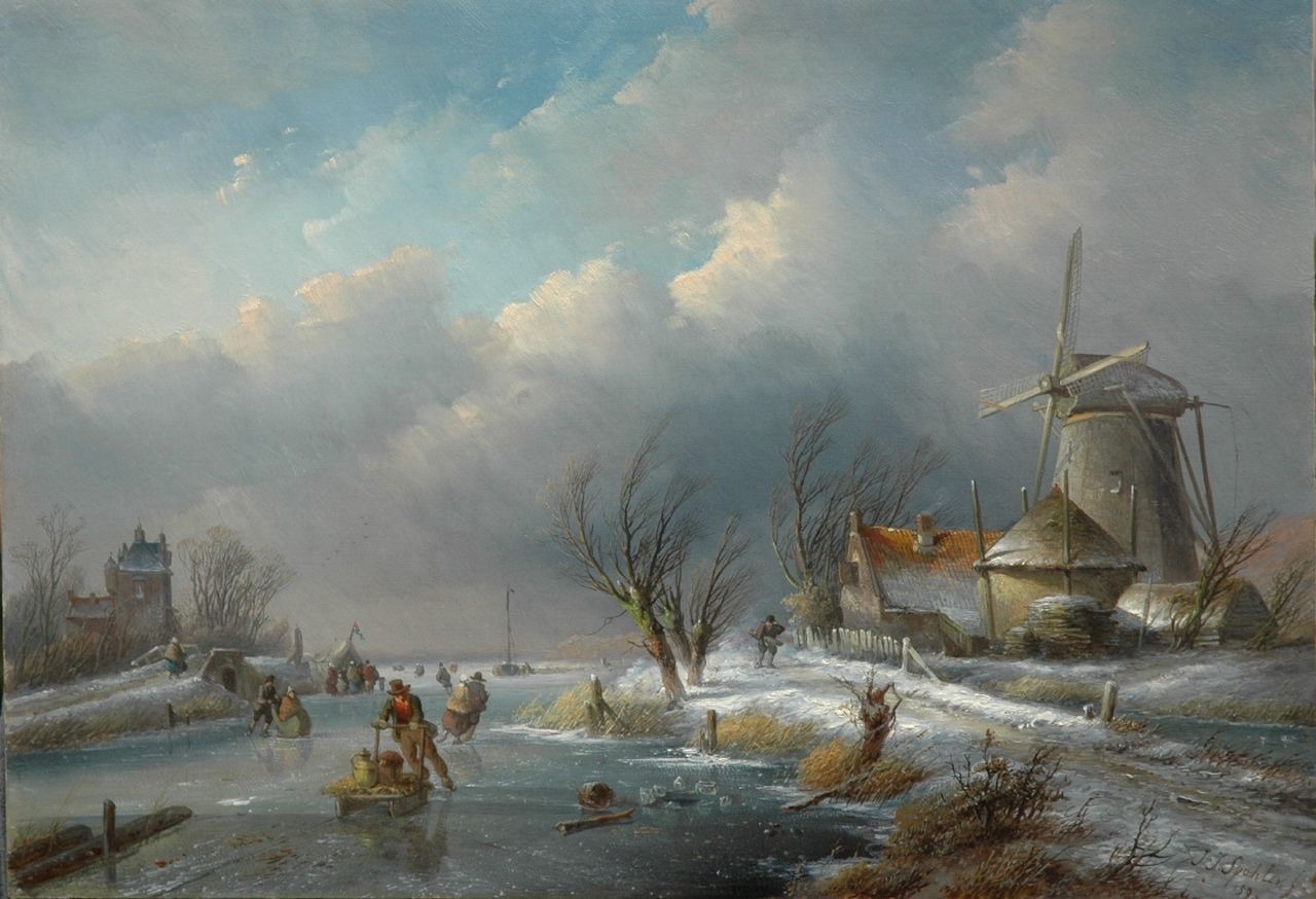 Spohler J.J.  | Jan Jacob Spohler, Winter landscape with windmill, skaters and a refreshment stand, Öl auf Holz 36,3 x 51,6 cm, signed l.r. und dated '59