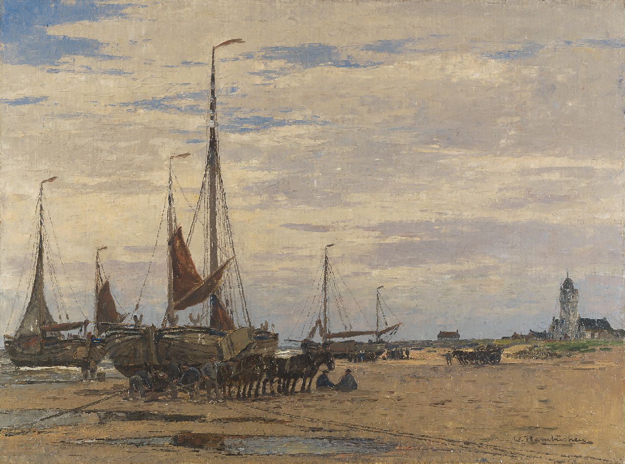 Hambüchen W.  | Wilhelm Hambüchen, Herring-fishermen on the beach of Katwijk, Öl auf Leinwand 60,4 x 80,8 cm, signed l.r.