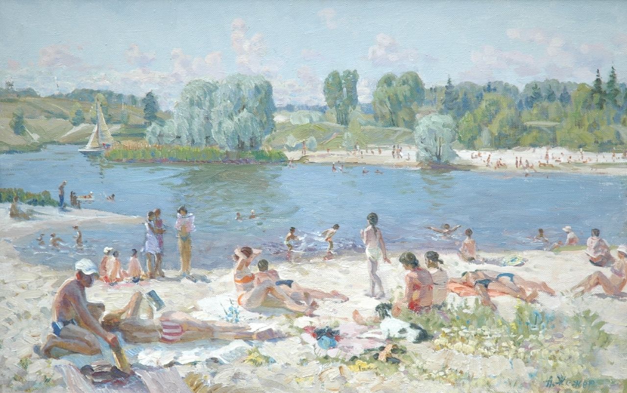 Zjezjer A.M.  | Anatoli Michailovich Zjezjer, Summery beach scene at the Dnjepr, Ukraine, Öl auf Leinwand 54,2 x 84,9 cm, signed l.r. and on the reverse