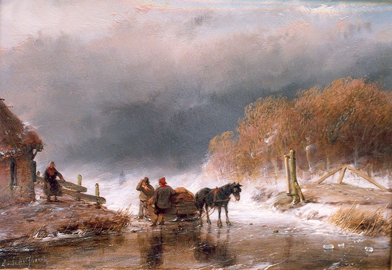 Schelfhout A.  | Andreas Schelfhout, A horse sledge with figures on ice, Öl auf Holz 15,8 x 23,0 cm, signed l.l. und painted ca. 1860