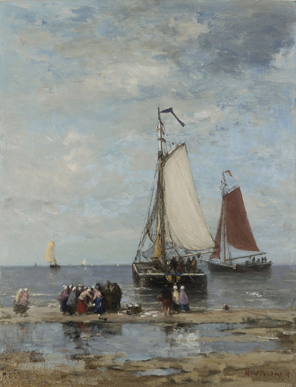 Mesdag H.W.  | Hendrik Willem Mesdag, Fisher-folk and 'bomschuiten on the beach, Öl auf Holz 51,2 x 39,7 cm, signed l.r.
