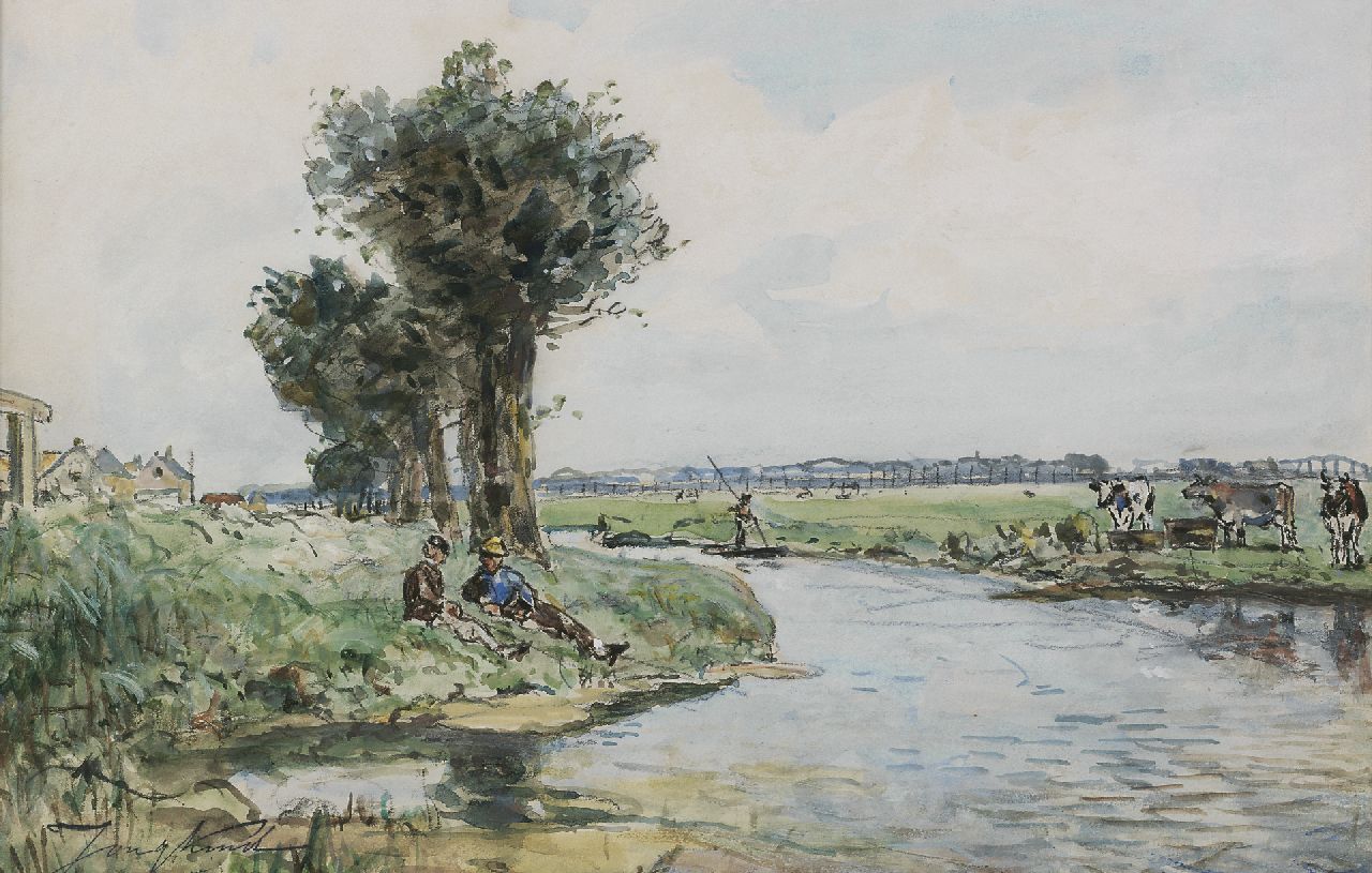 Jongkind J.B.  | Johan Barthold Jongkind, Along the river, Aquarell auf Papier 28,2 x 41,2 cm, signed l.l. with artist's stamp und painted in 1867