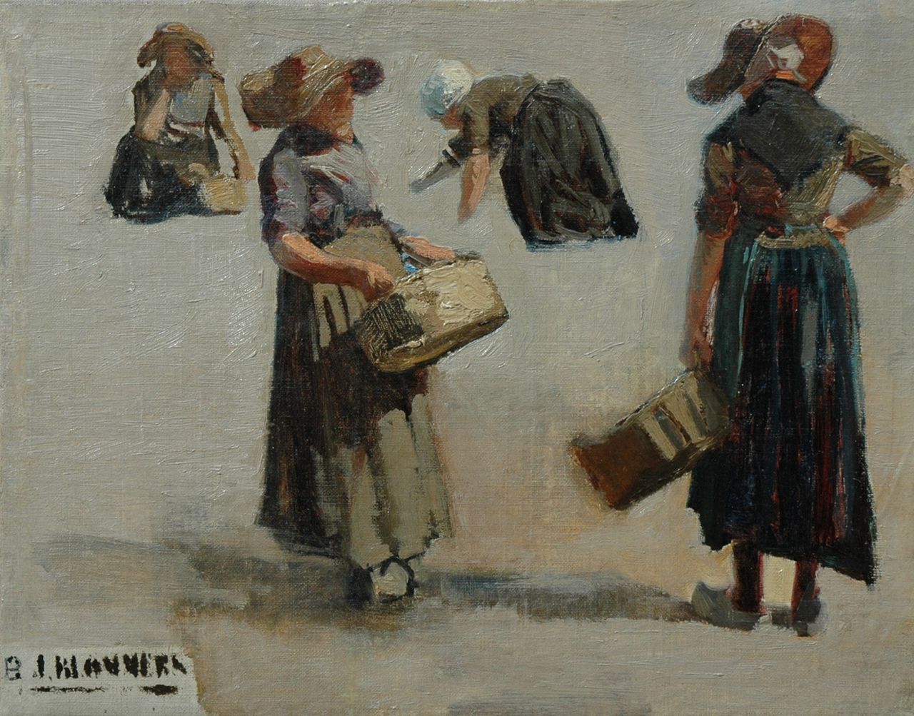 Blommers B.J.  | Bernardus Johannes 'Bernard' Blommers, Studie von Fischverkäuferinnen aus Katwijk, Öl auf Leinwand 29,6 x 37,5 cm, Unterzeichnet u.l.