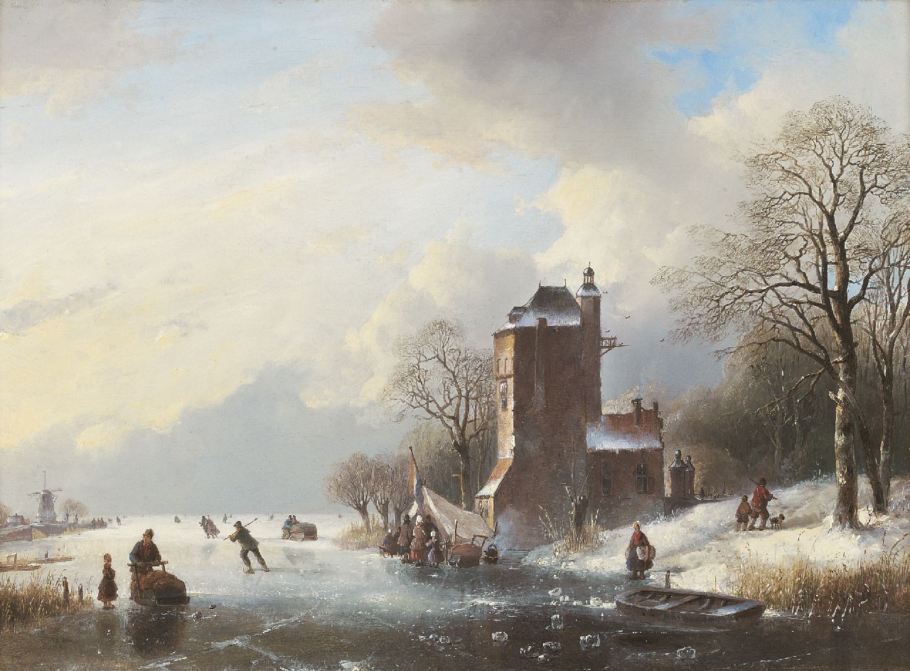 Spohler J.J.  | Jan Jacob Spohler, View of a frozen river with an icebound rowing boat, Öl auf Holz 43,0 x 58,7 cm, signed l.r. on rowing boat und painted 1842