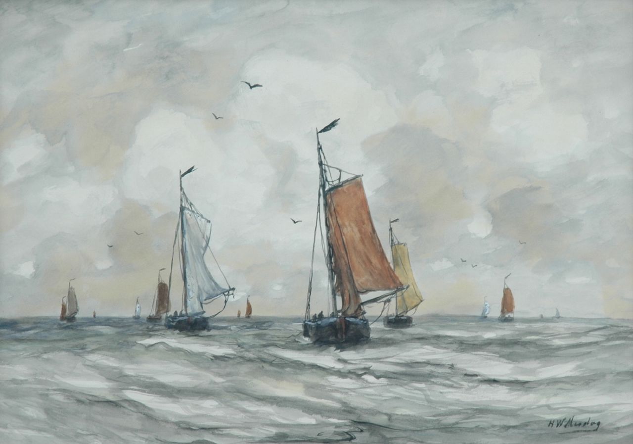 Mesdag H.W.  | Hendrik Willem Mesdag, 'Bomschuiten' in full sail, Aquarell auf Papier 40,5 x 56,5 cm, signed l.r.