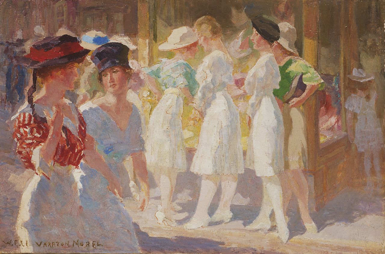 Vaarzon Morel W.F.A.I.  | Wilhelm Ferdinand Abraham Isaac 'Willem' Vaarzon Morel, Shopping young ladies, Öl auf Holz 17,7 x 26,9 cm, signed l.l.