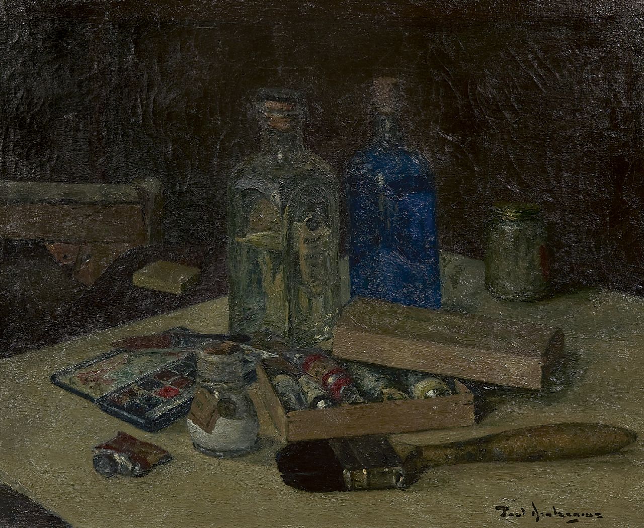 Arntzenius P.  | Paul Arntzenius, Still life of painting attributes, Öl auf Leinwand 35,1 x 42,8 cm, signed l.r. und datiert auf Keilrahmen 1943