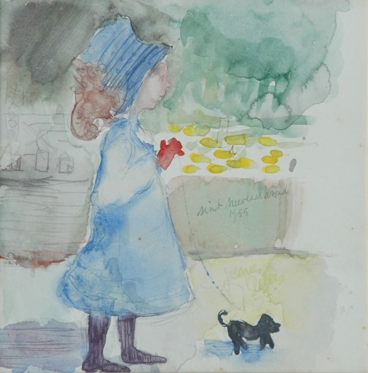 Slegers J.F.W.  | Jacobus Franciscus Wilhelmus 'Jacques' Slegers, Girl with dog, Aquarell auf Papier 23,0 x 25,5 cm, signed c.r. und dated 1955