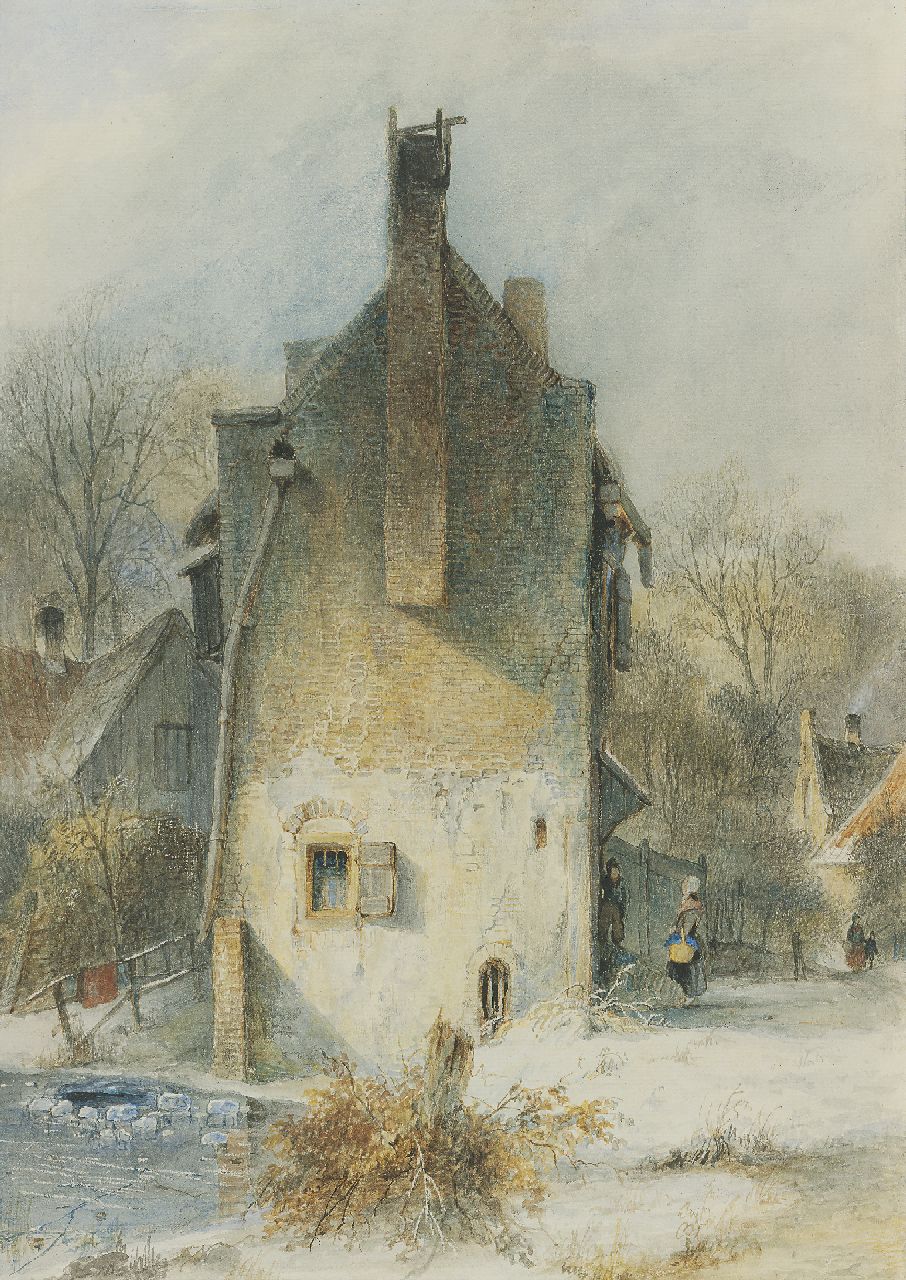 Schelfhout A.  | Andreas Schelfhout, A Dutch town view in winter, Feder, braune Tinte und Aquarell auf Papier 37,9 x 27,0 cm