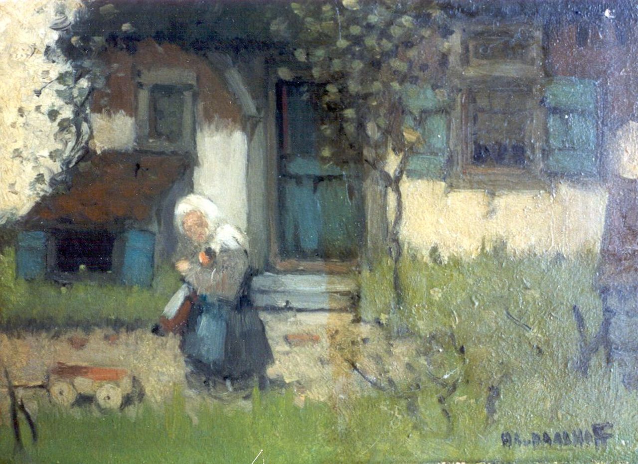 Daalhoff H.A. van | Hermanus Antonius 'Henri' van Daalhoff, A little girl on a farmyard, Öl auf Holz 12,0 x 16,0 cm, signed l.r. und dated 1904