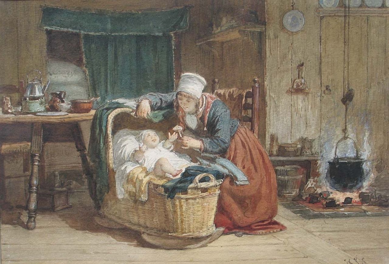 Scholten H.J.  | Hendrik Jacobus Scholten, A woman from Marken with her baby, Aquarell auf Papier 20,3 x 28,7 cm, signed l.r. with initials