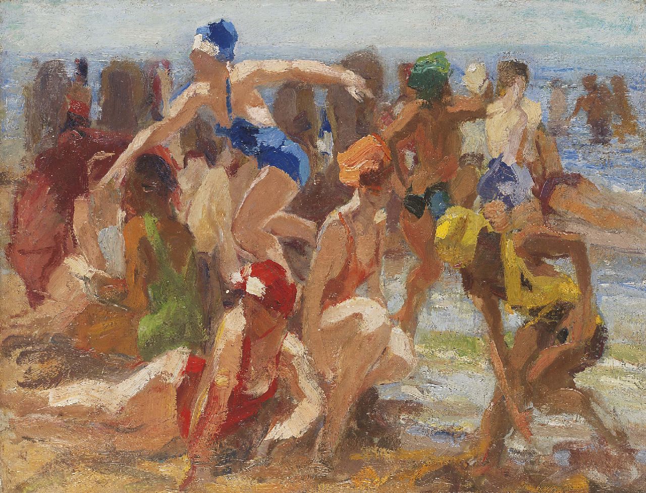 Vaarzon Morel W.F.A.I.  | Wilhelm Ferdinand Abraham Isaac 'Willem' Vaarzon Morel, Colourful bathers on the beach, Öl auf Leinwand 37,5 x 48,5 cm