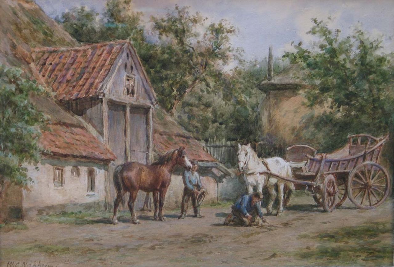 Nakken W.K.  | Willem Karel 'W.C.' Nakken, Putting the horses to the carriage, Aquarell auf Papier 28,3 x 39,2 cm, signed l.l.