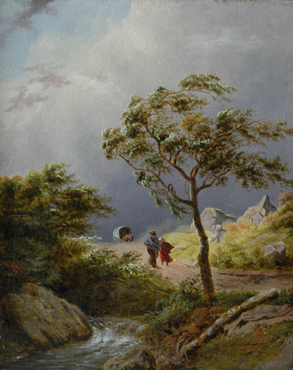 Klombeck J.B.  | Johann Bernard Klombeck, Country folk on a path in a rising storm, Öl auf Holz 15,6 x 12,6 cm