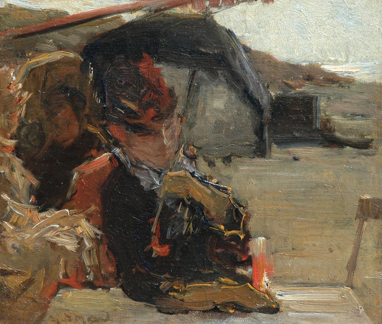 Maarel M. van der | Marinus van der Maarel, A woman on a terrace in the dunes, Öl auf Leinwand auf Holz 23,8 x 27,2 cm, signed l.l.