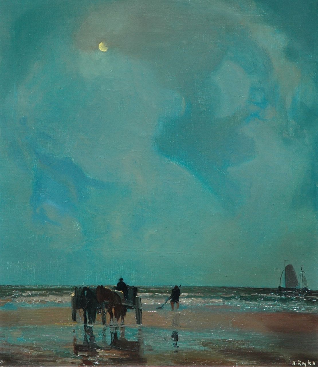 Kuijten H.J.  | Henricus Johannes 'Harrie' Kuijten, Shell-fishermen on a moonlit beach, Öl auf Leinwand 70,4 x 60,4 cm, signed l.r.