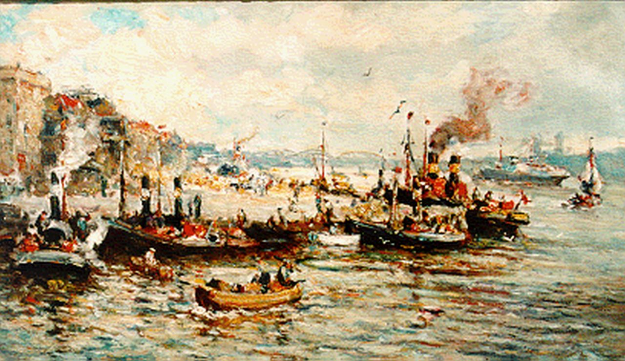 Moll E.  | Evert Moll, Moored boats, Rotterdam, Öl auf Leinwand 60,5 x 100,7 cm, signed l.r.