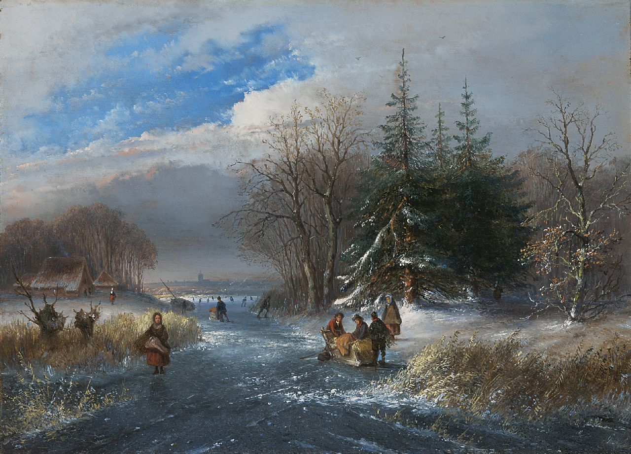Hans J.G.  | Josephus Gerardus Hans, A winter landscape with skaters, Öl auf Holz 26,7 x 36,8 cm