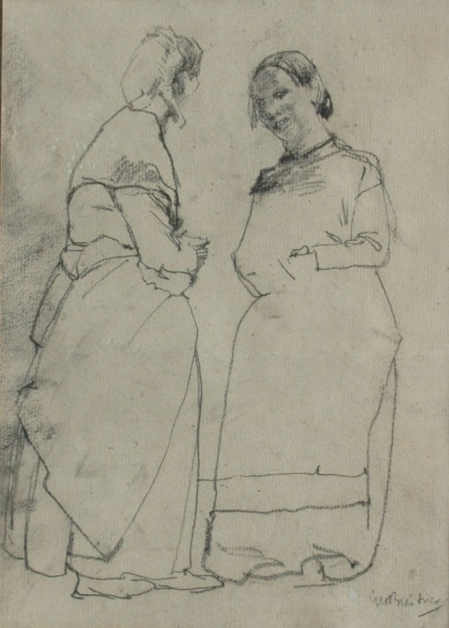 Breitner G.H.  | George Hendrik Breitner, Two servants busy talking, Schwarze Kreide auf Papier 23,5 x 16,5 cm, signed l.r.