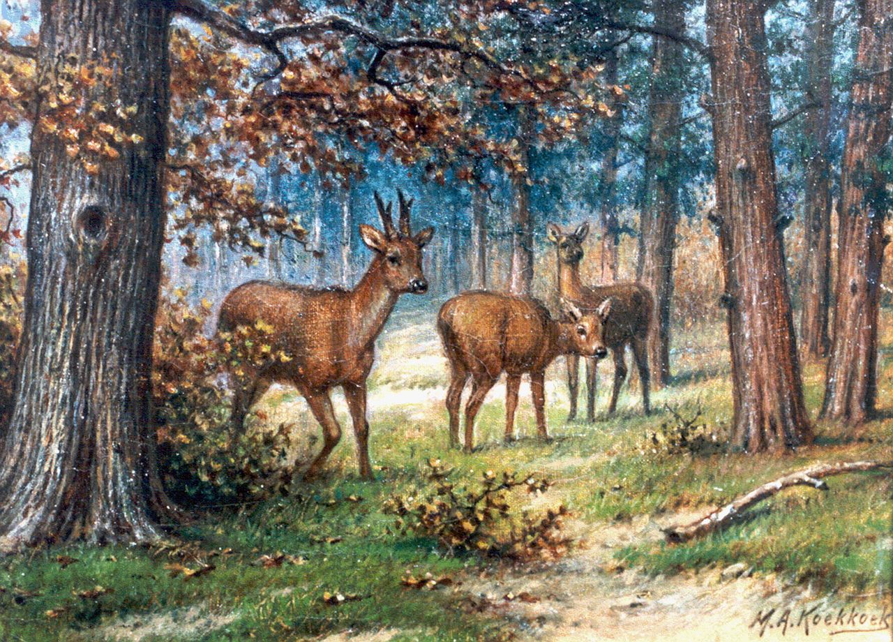 Koekkoek II M.A.  | Marinus Adrianus Koekkoek II, Deer in a forest landscape, Öl auf Leinwand 18,0 x 24,5 cm, signed l.r.