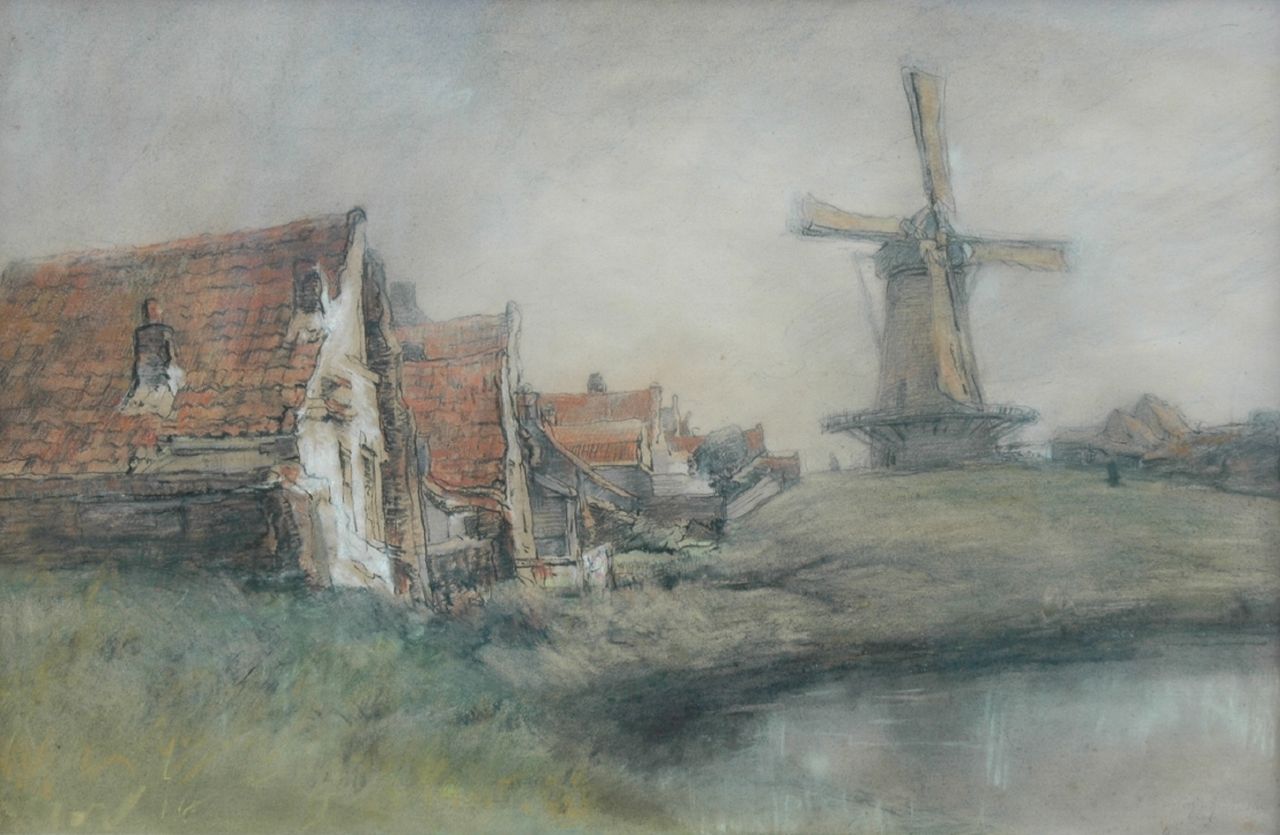Wijsmuller J.H.  | Jan Hillebrand Wijsmuller, Houses and a windmill in a Dutch landscape, Farbkreide auf Papier 40,0 x 59,0 cm, signed l.r.