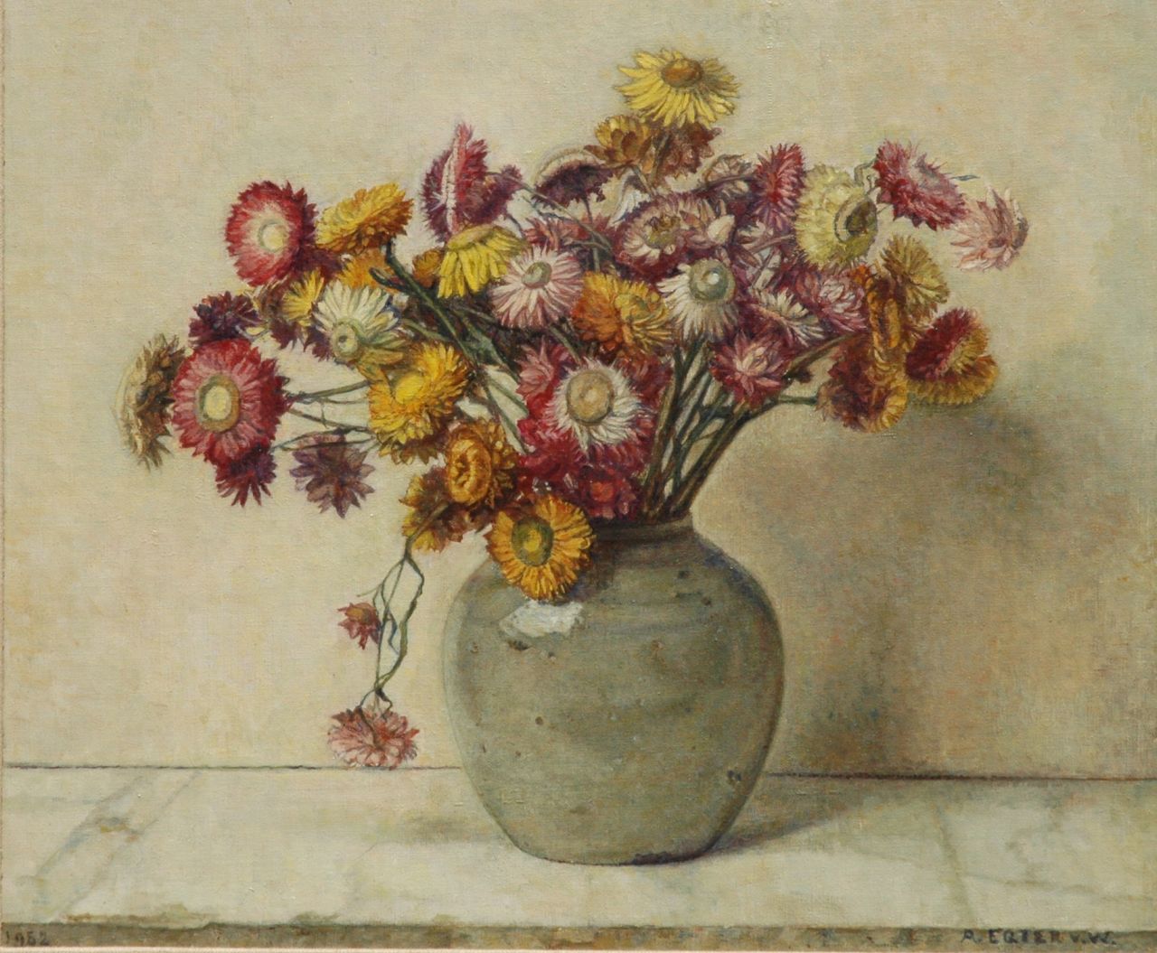 Egter van Wissekerke A.W.E.M.  | Anna Wilhelmina Elisabeth Maria 'Antje' Egter van Wissekerke, Strawflowers, Öl auf Leinwand 35,3 x 41,7 cm, signed l.r. und dated 1952