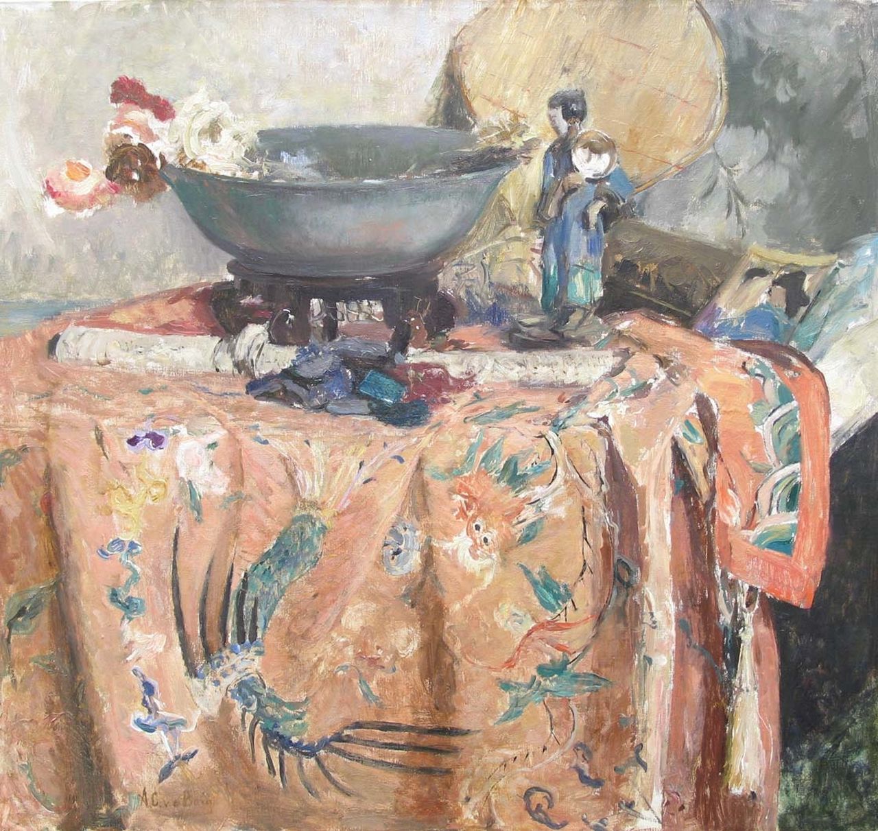 Berg A.C. van den | Anna Carolina 'Ans' van den Berg, The Chinese cloth, Öl auf Leinwand 67,6 x 72,0 cm, signed l.l.