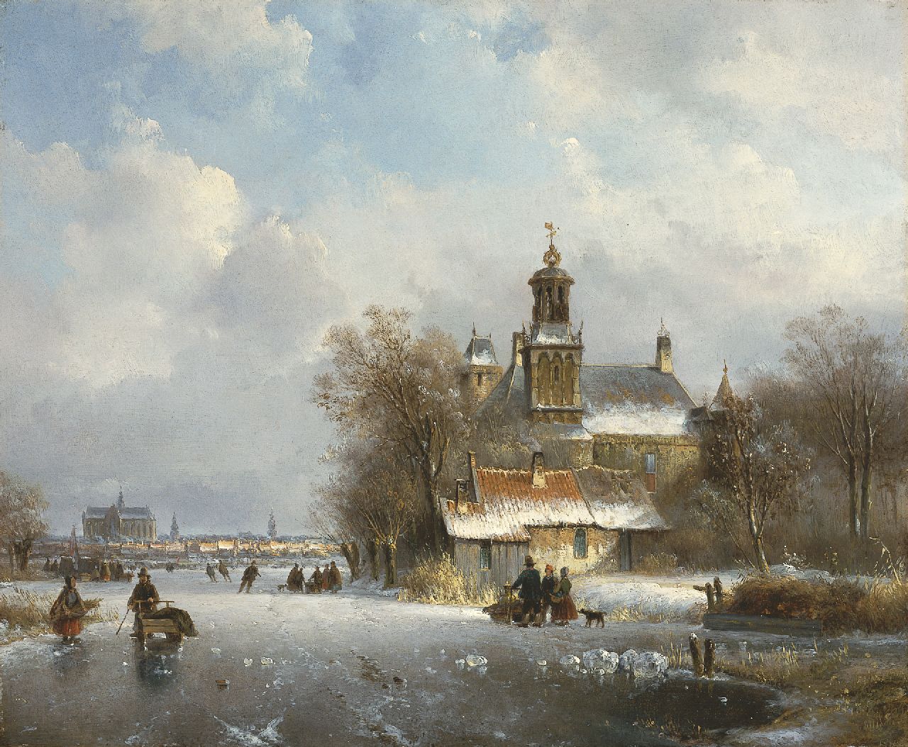 Kleijn L.J.  | Lodewijk Johannes Kleijn, A winter landscape with the St. Bavo church in the distance, Öl auf Holz 34,7 x 42,3 cm, signed l.r.
