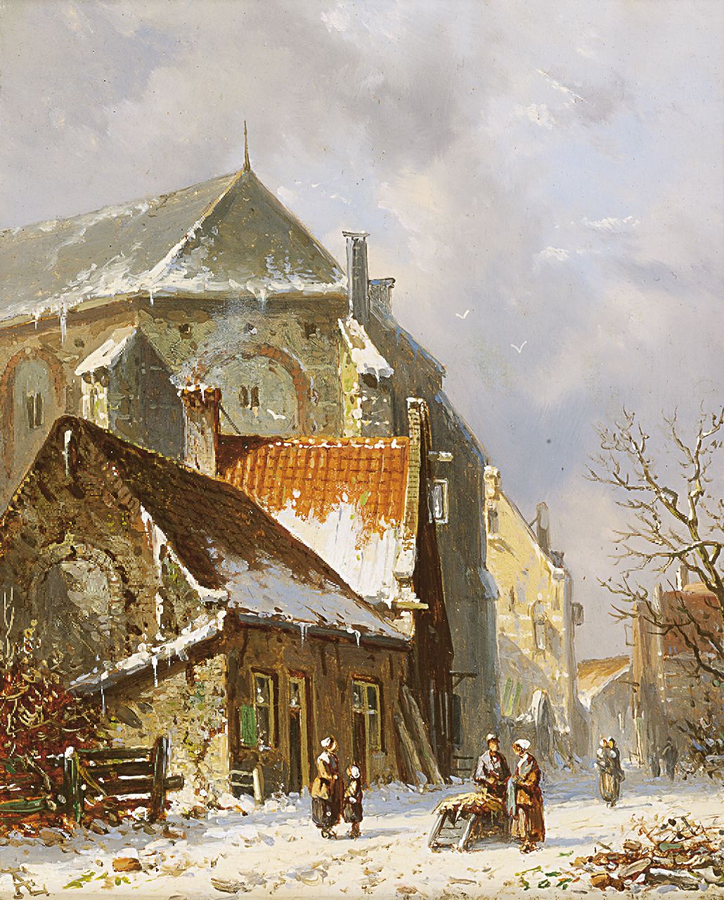 Eversen A.  | Adrianus Eversen, Figures in a snow-covered town, Öl auf Holz 19,1 x 15,2 cm, signed l.l. with monogram