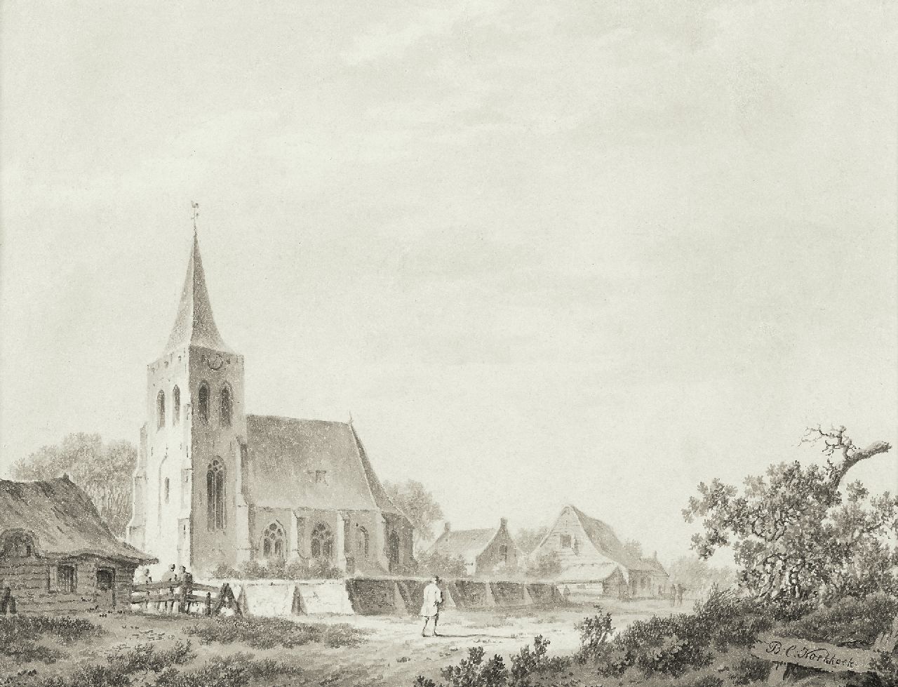Koekkoek B.C.  | Barend Cornelis Koekkoek, Dorfkirche an einem Sandweg, Feder, Pinsel und Tinte auf Papier 15,5 x 19,5 cm, Unterzeichnet r.u.