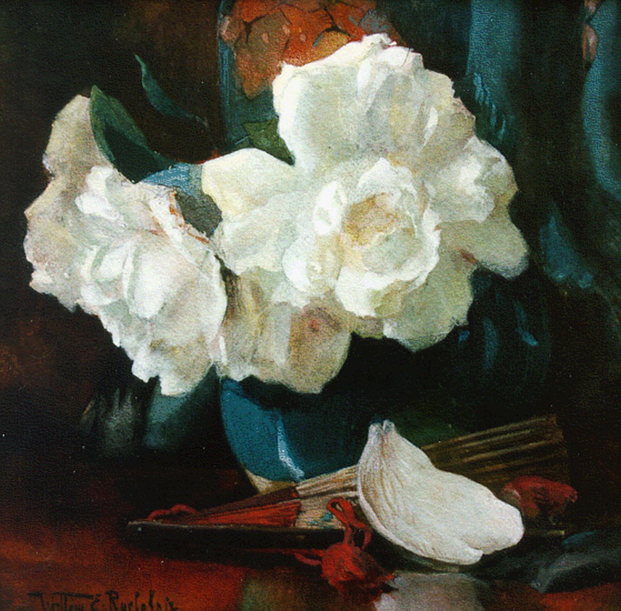 Roelofs jr. W.E.  | Willem Elisa Roelofs jr., Still life with white roses, Aquarell auf Papier 24,9 x 25,5 cm, signed l.l.