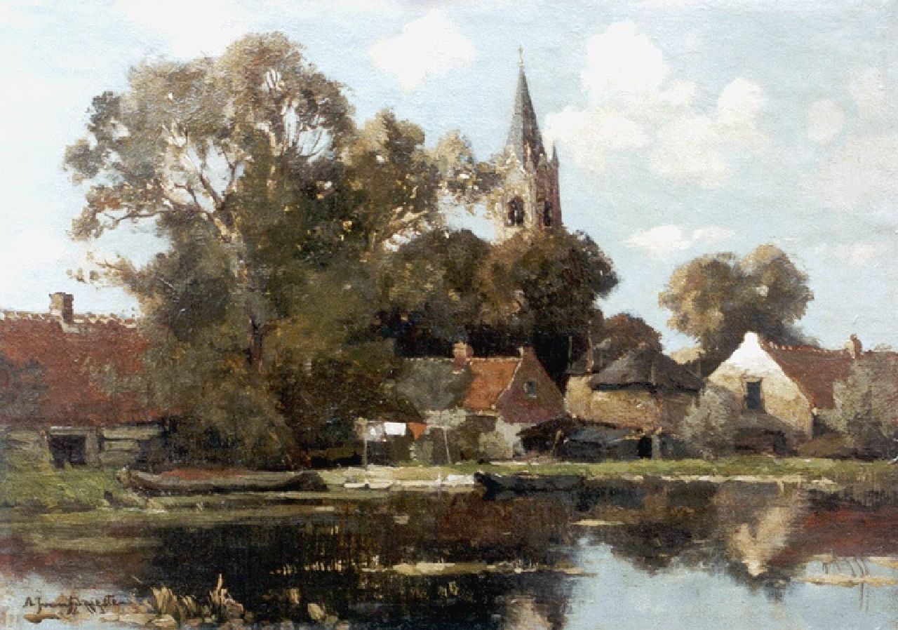 Driesten A.J. van | Arend Jan van Driesten, A view of Voorschoten, De Vliet in the foreground, Öl auf Leinwand auf Holz 26,4 x 36,4 cm, signed l.l.