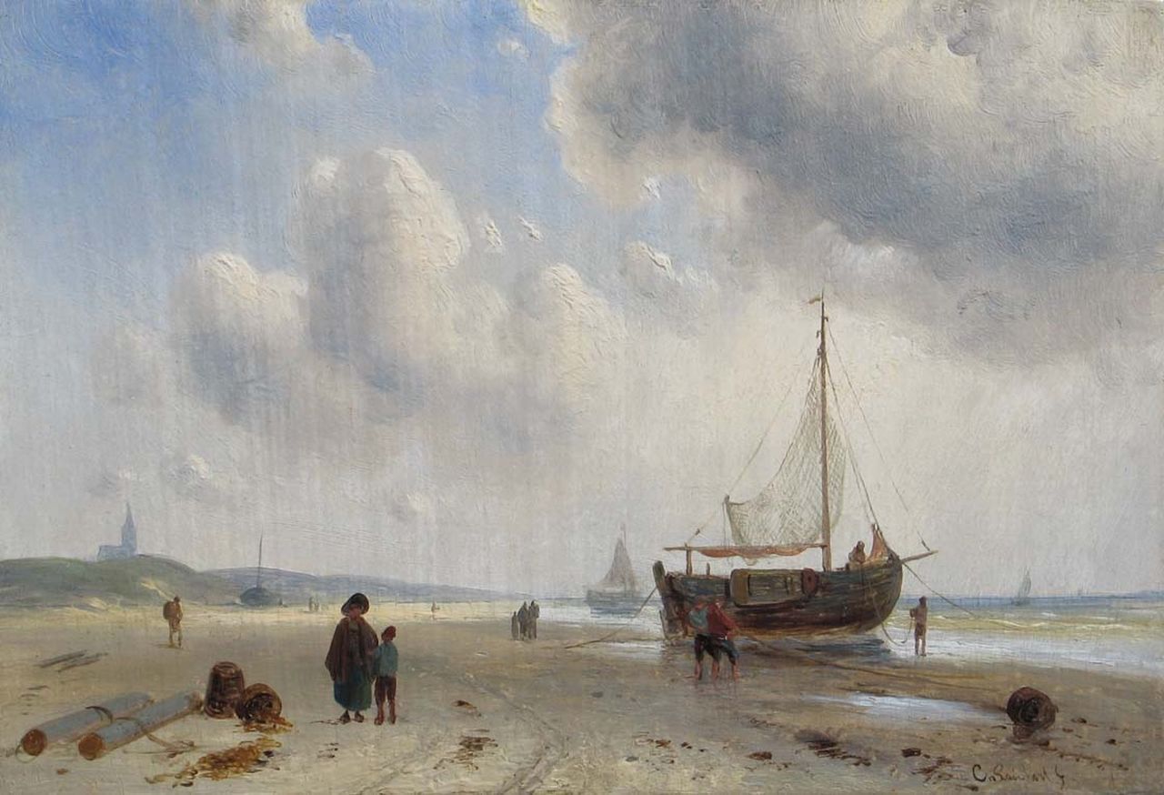 Leickert C.H.J.  | 'Charles' Henri Joseph Leickert, Barges and fishermen on the beach of Scheveningen, Öl auf Holz 15,8 x 23,2 cm, signed l.r.