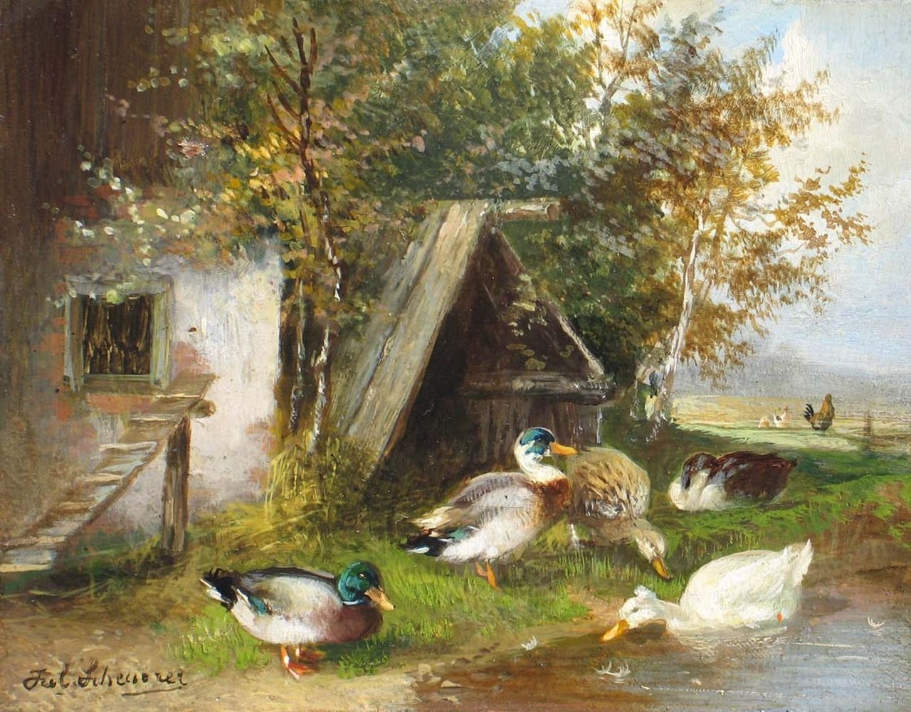 Scheuerer J.  | Julius Scheuerer, Ducks by a pool, Öl auf Holz 10,0 x 13,5 cm, signed l.l.