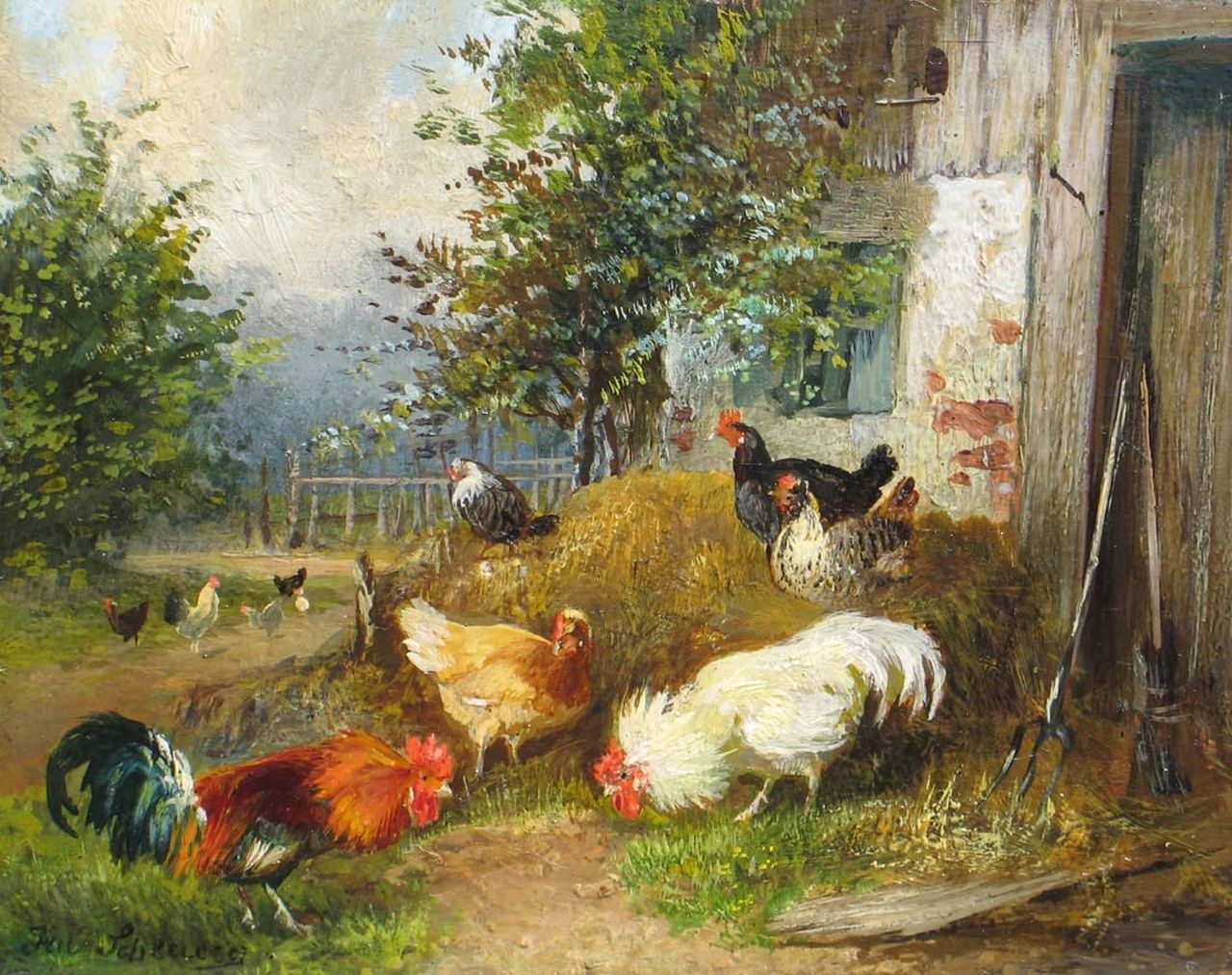 Scheuerer J.  | Julius Scheuerer, A fowl yard, Öl auf Holz 10,4 x 13,5 cm, signed l.l.