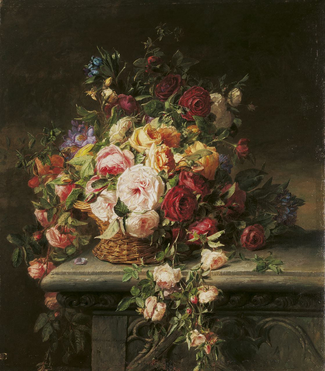 Haanen A.J.  | 'Adriana' Johanna Haanen, Basket with roses on a garden bench, Öl auf Leinwand 101,5 x 88,0 cm, signed l.c.