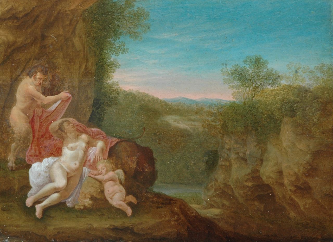 Hollandse School, 19e eeuw   | Hollandse School, 19e eeuw | Gemälde zum Verkauf angeboten | Venus und Satyr, Öl auf Holz 24,4 x 33,3 cm