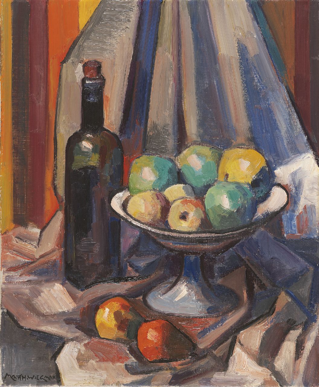 Wiegman M.J.M.  | Mattheus Johannes Marie 'Matthieu' Wiegman, A still life with a bowl of fruit and a bottle, Öl auf Leinwand 46,0 x 38,2 cm, signed l.l.