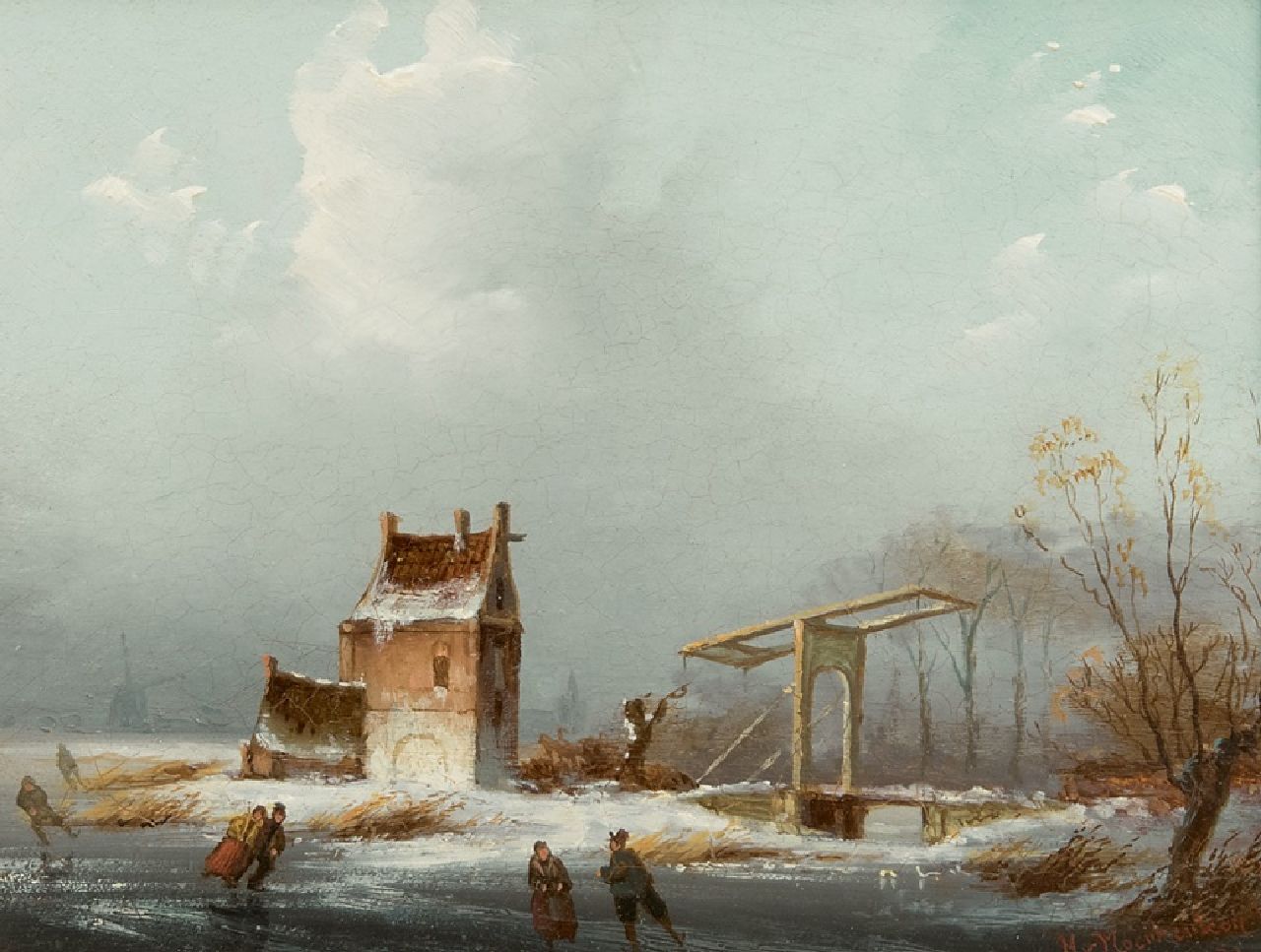 Hans van Moerkerken | Schlittschuhleute bei einer Fallbrücke, Öl auf Holz, 14,1 x 16,7 cm, Unterzeichnet r.u.
