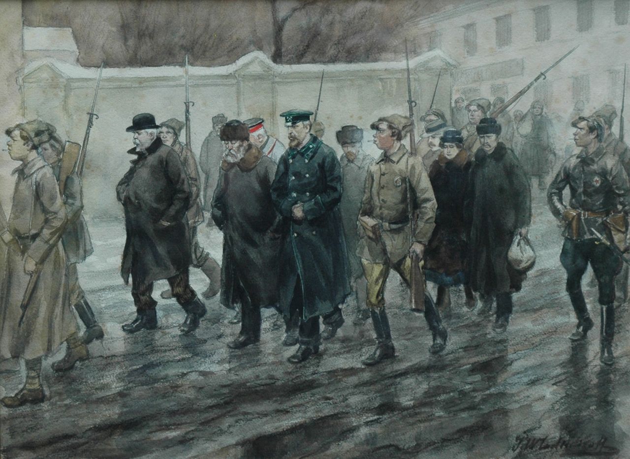 Vladimiroff I.A.  | Ivan Alexejevitsj Vladimiroff, Carrying off the prisoners, Aquarell und gewaschene Tinte auf Papier 25,5 x 34,5 cm, signed l.r. und dated 1918