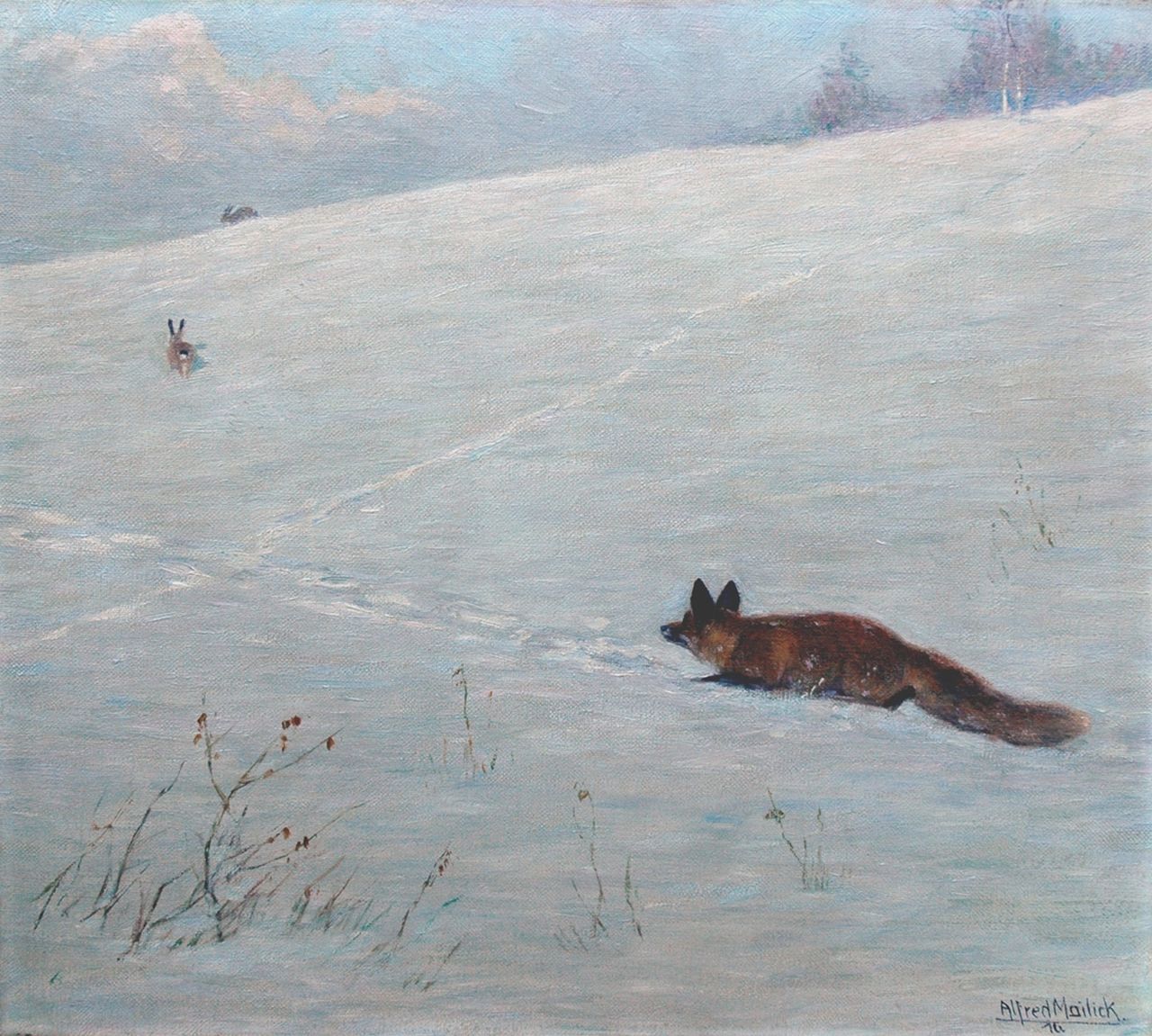 Mailick A.M.  | Alfred Moritz Mailick, Hunting in the snow, Öl auf Leinwand 41,1 x 46,2 cm, signed l.r. und dated '16
