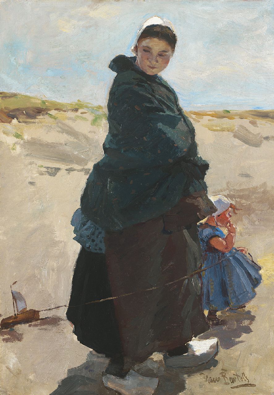 Bartels H. von | Hans von Bartels, Träumerei: Fischersfrau mit ihrem Kind am Strand von Katwijk, Öl auf Leinwand 47,6 x 33,3 cm, Unterzeichnet r.u.
