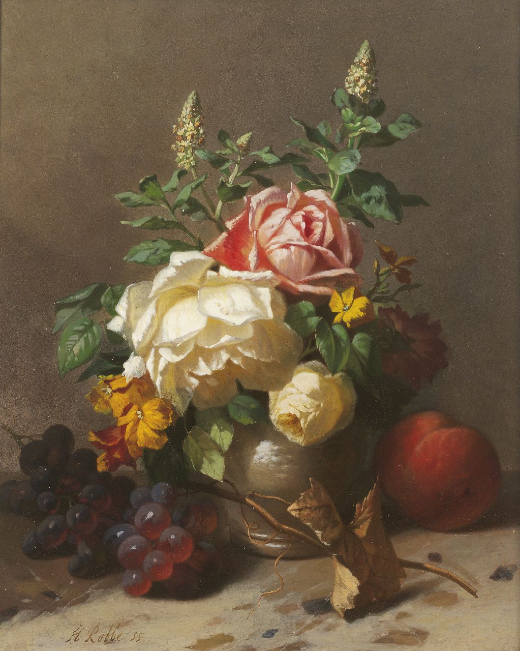 Henri Alexander Robbe | A flower still life with grapes and a peach, Öl auf Holz, 40,6 x 32,7 cm, signed l.l. und painted '55