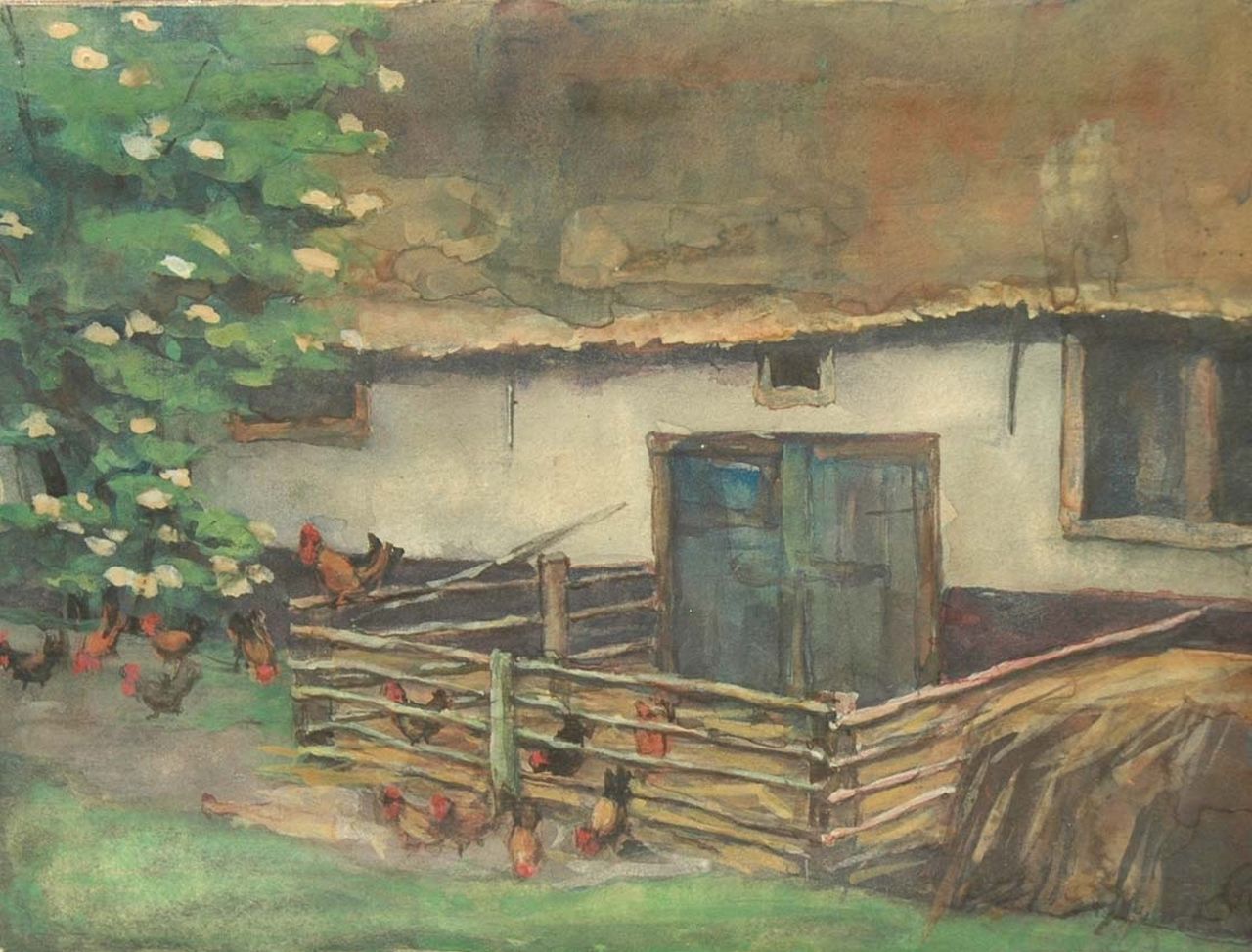 Fritzlin M.C.L.  | Maria Charlotta 'Louise' Fritzlin, A yard with chickens, Aquarell auf Papier 14,2 x 19,1 cm