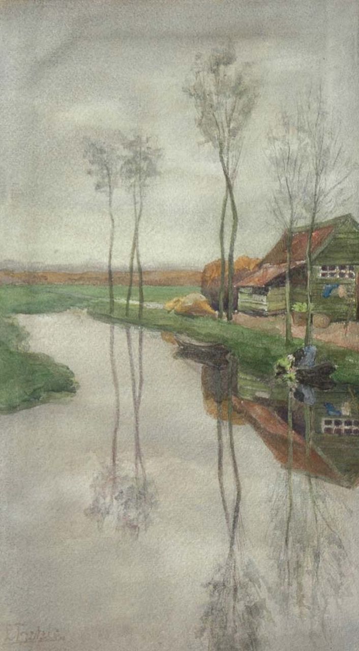 Fritzlin M.C.L.  | Maria Charlotta 'Louise' Fritzlin, Bauernhof mit Bäumen am Wasser, Aquarell auf Papier 37,5 x 21,4 cm, Unterzeichnet l.u.
