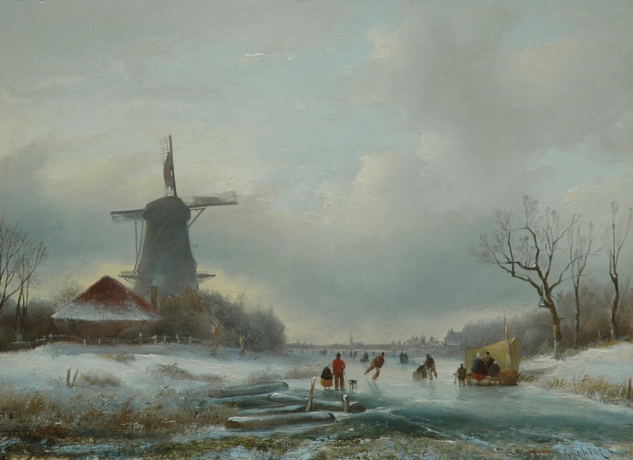 Spohler J.J.  | Jan Jacob Spohler, A winter landscape with skaters on a frozen canal, Öl auf Holz 29,6 x 40,5 cm