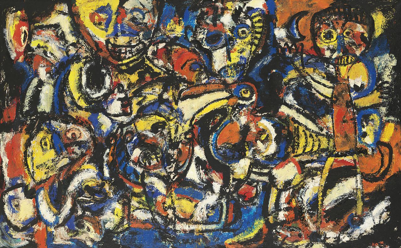 Gust Romijn | Komposition mit Figuren und Tieren, Öl auf Leinwand, 60,2 x 99,8 cm, Unterzeichnet M.u. und 1950