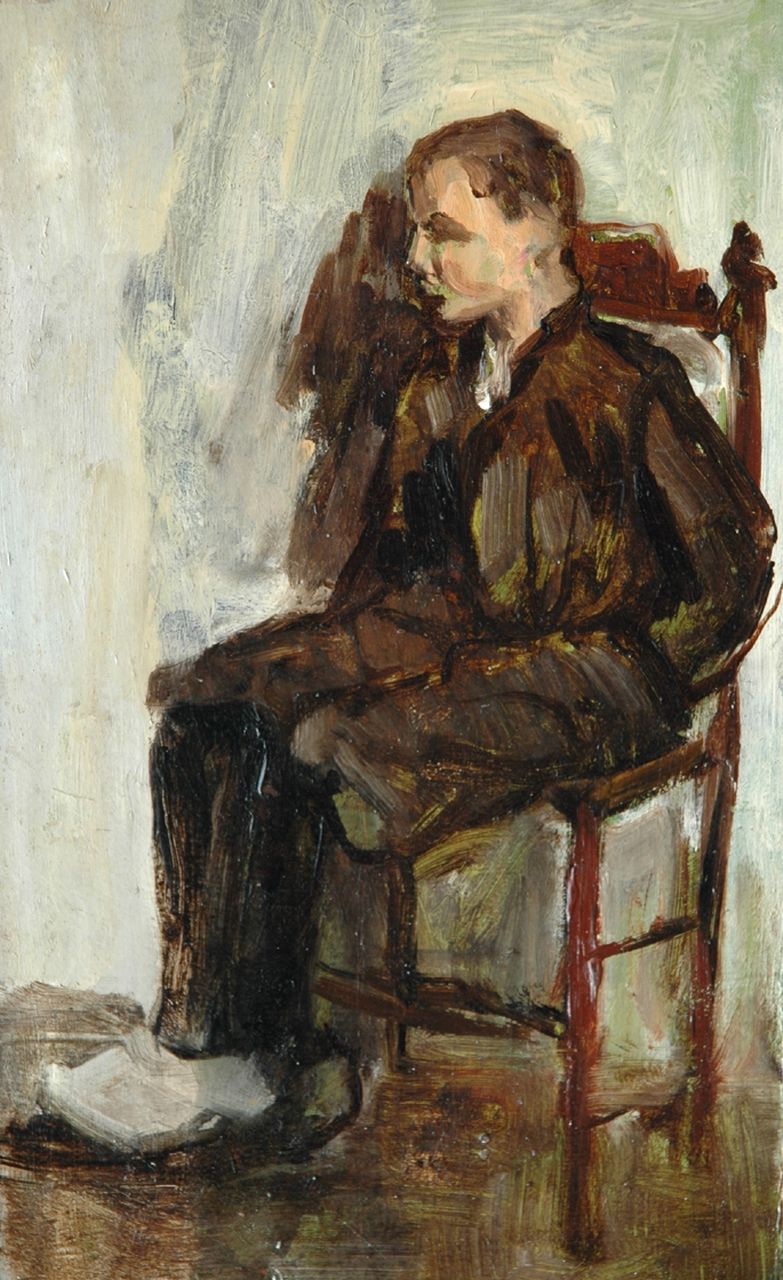 Fritzlin M.C.L.  | Maria Charlotta 'Louise' Fritzlin, Sitzender Junge, Öl auf Holzfaser auf Holz 24,8 x 15,3 cm, zu datieren 1908