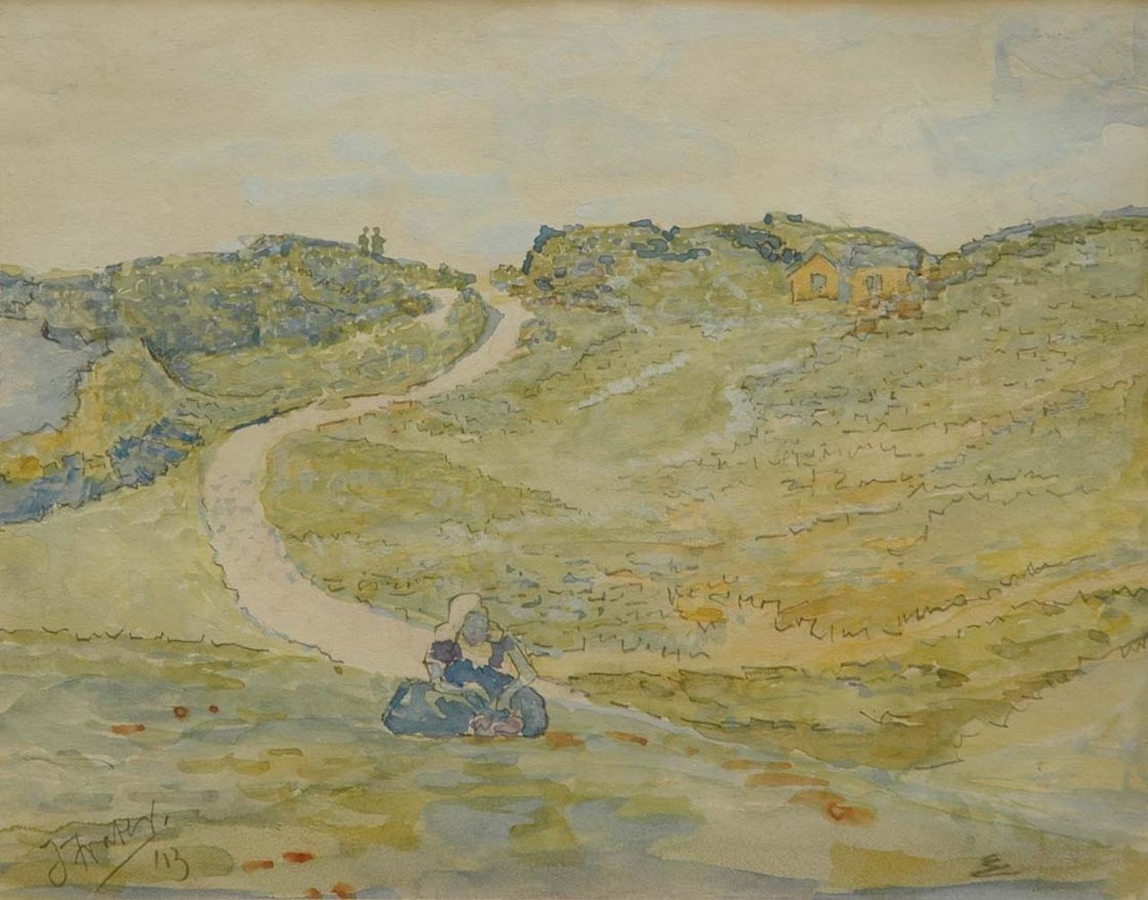 Frater J.W.  | James William 'Jim' Frater, A farmer's daughter in the dunes of Walcheren, Aquarell auf Papier 21,0 x 26,8 cm, signed l.l. und dated '13