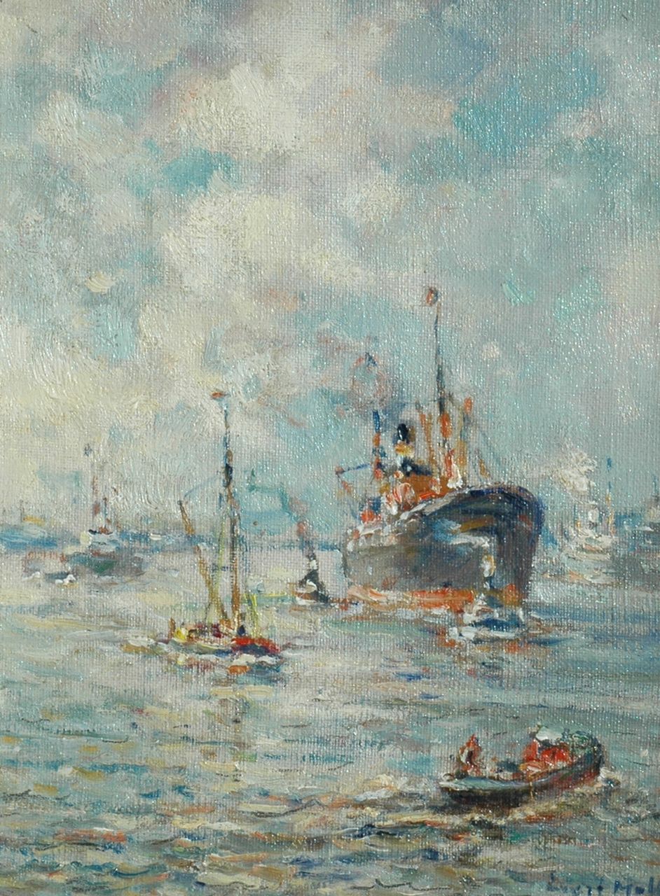 Moll E.  | Evert Moll, The Rotterdam harbour, Öl auf Leinwand 25,3 x 19,5 cm, signed l.r.